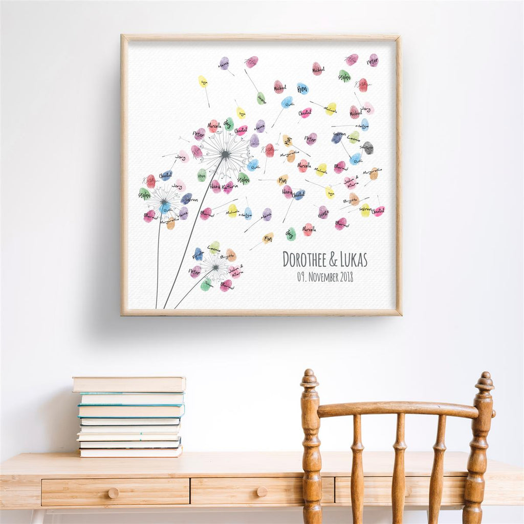 Personalisiertes Hochzeits-Gästebuch Leinwand 50x50 cm - Motiv Pusteblume - MADYES - Hochzeitsdeko Manufaktur