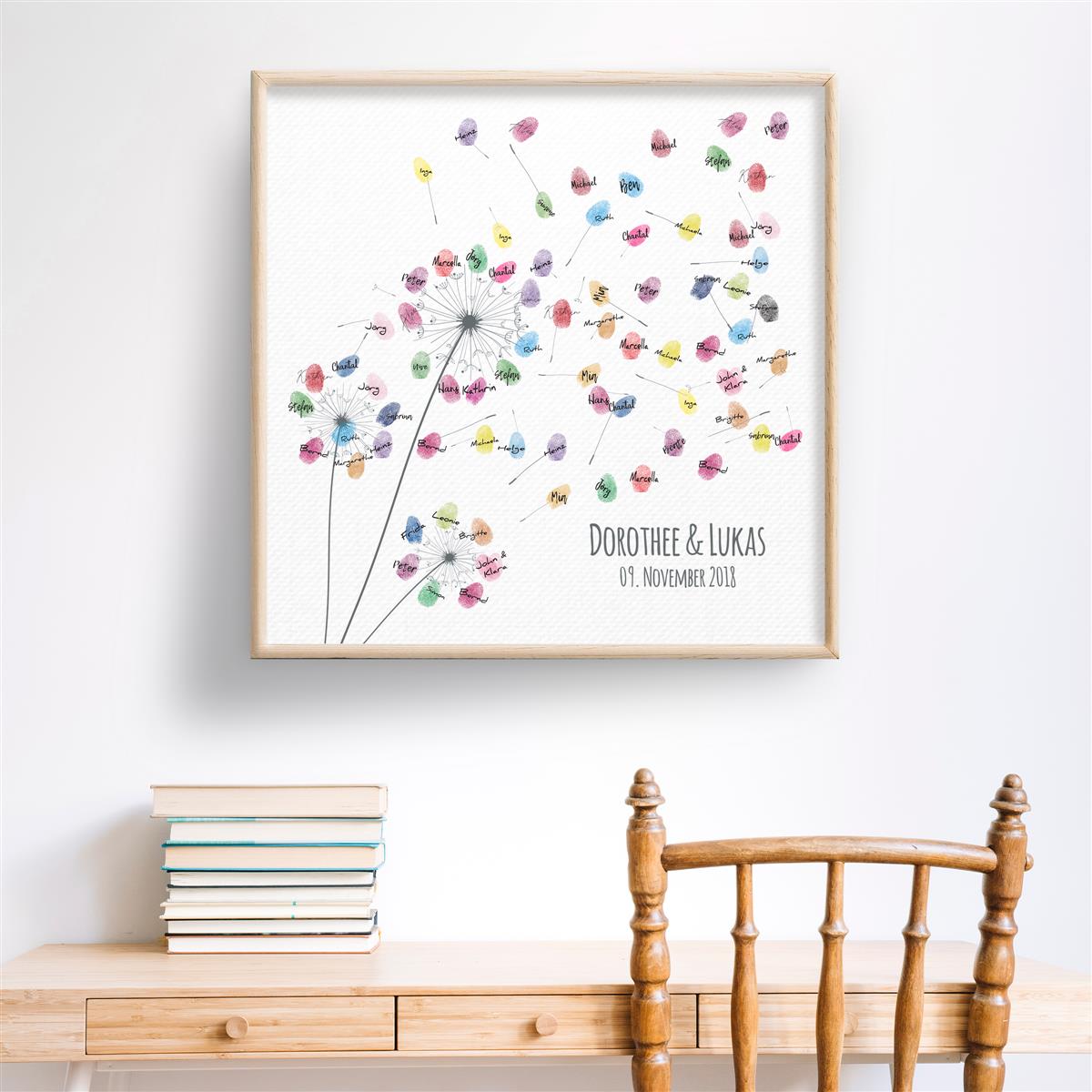 Personalisiertes Hochzeits-Gästebuch Leinwand 50x50 cm - Motiv Pusteblume - MADYES - Hochzeitsdeko Manufaktur