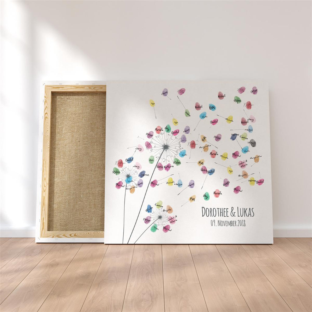 Personalisiertes Hochzeits-Gästebuch Leinwand 50x50 cm - Motiv Pusteblume - MADYES - Hochzeitsdeko Manufaktur