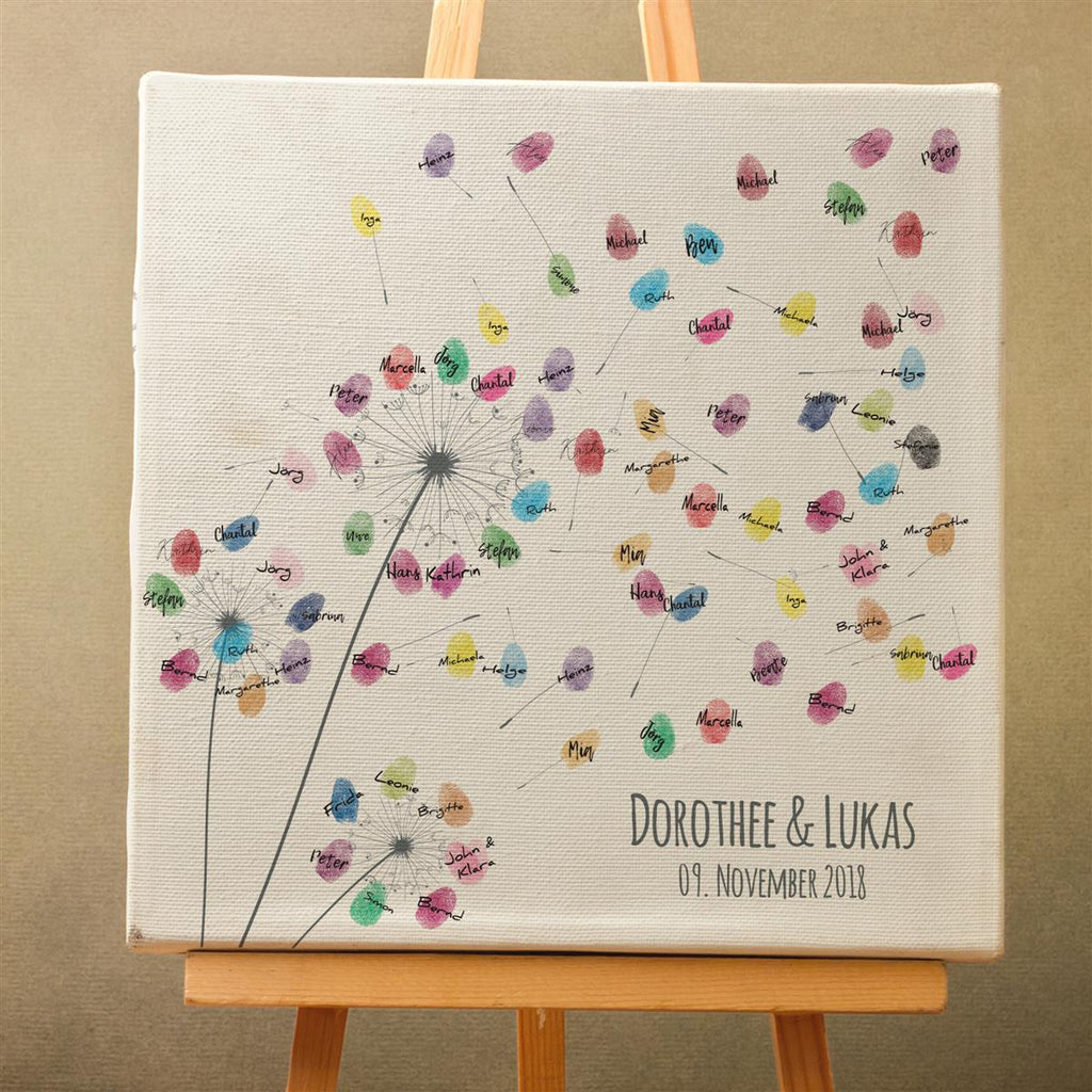 Personalisiertes Hochzeits-Gästebuch Leinwand 50x50 cm - Motiv Pusteblume - MADYES - Hochzeitsdeko Manufaktur