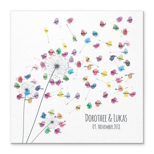 Personalisiertes Hochzeits-Gästebuch Leinwand 50x50 cm - Motiv Pusteblume - MADYES - Hochzeitsdeko Manufaktur