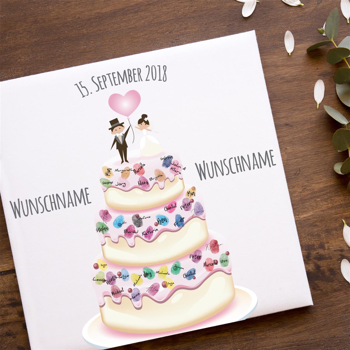 Personalisiertes Hochzeits-Gästebuch Leinwand 50x50 cm - Motiv Hochzeitstorte - MADYES - Hochzeitsdeko Manufaktur