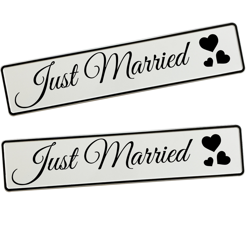 KFZ-Hochzeitskennzeichen Just Married Schriftzug – Klassische Autodeko – 2 Stück - MADYES - Hochzeitsdeko Manufaktur
