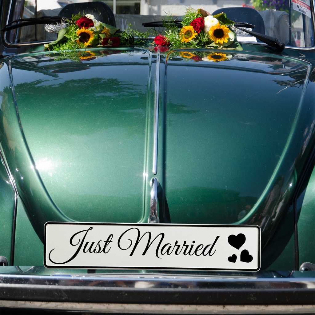 KFZ-Hochzeitskennzeichen Just Married Schriftzug – Klassische Autodeko – 2 Stück - MADYES - Hochzeitsdeko Manufaktur
