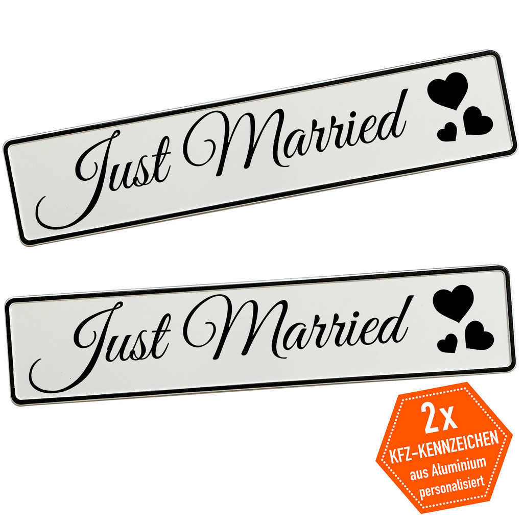 KFZ-Hochzeitskennzeichen Just Married Schriftzug – Klassische Autodeko – 2 Stück - MADYES - Hochzeitsdeko Manufaktur