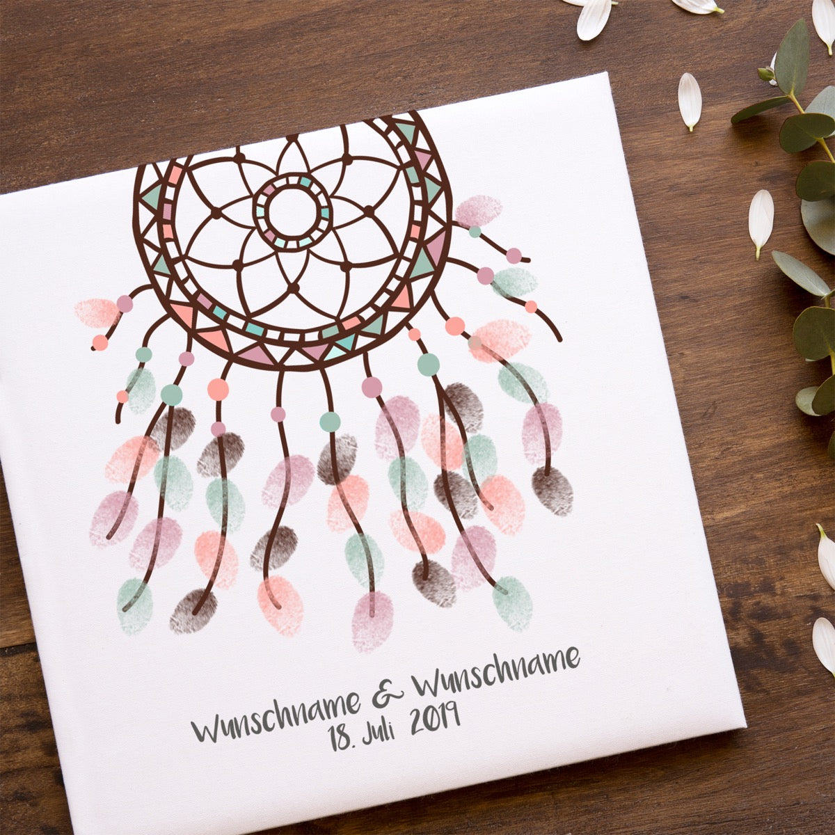 Personalisiertes Hochzeits-Gästebuch Leinwand 50x50 cm - Motiv Traumfänger - MADYES - Hochzeitsdeko Manufaktur