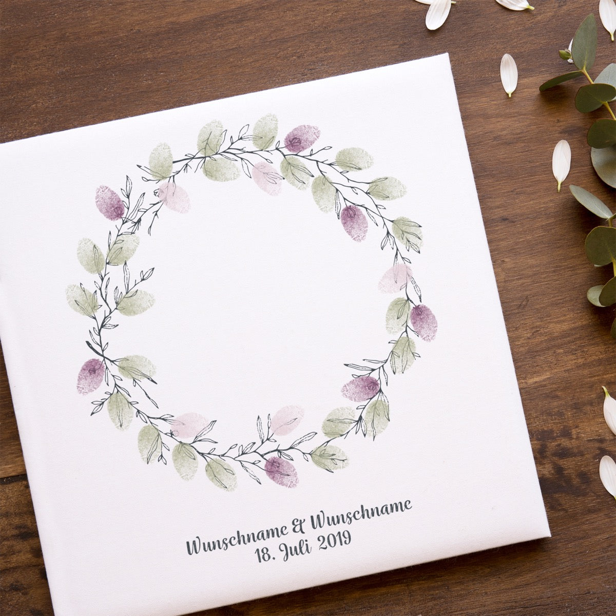 Personalisiertes Hochzeits-Gästebuch Leinwand 50x50 cm - Motiv Blumenkranz - MADYES - Hochzeitsdeko Manufaktur