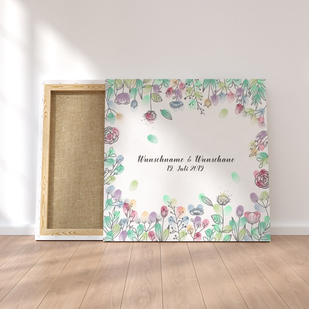 Personalisiertes Hochzeits-Gästebuch Leinwand 50x50 cm - Motiv Blumenring - MADYES - Hochzeitsdeko Manufaktur