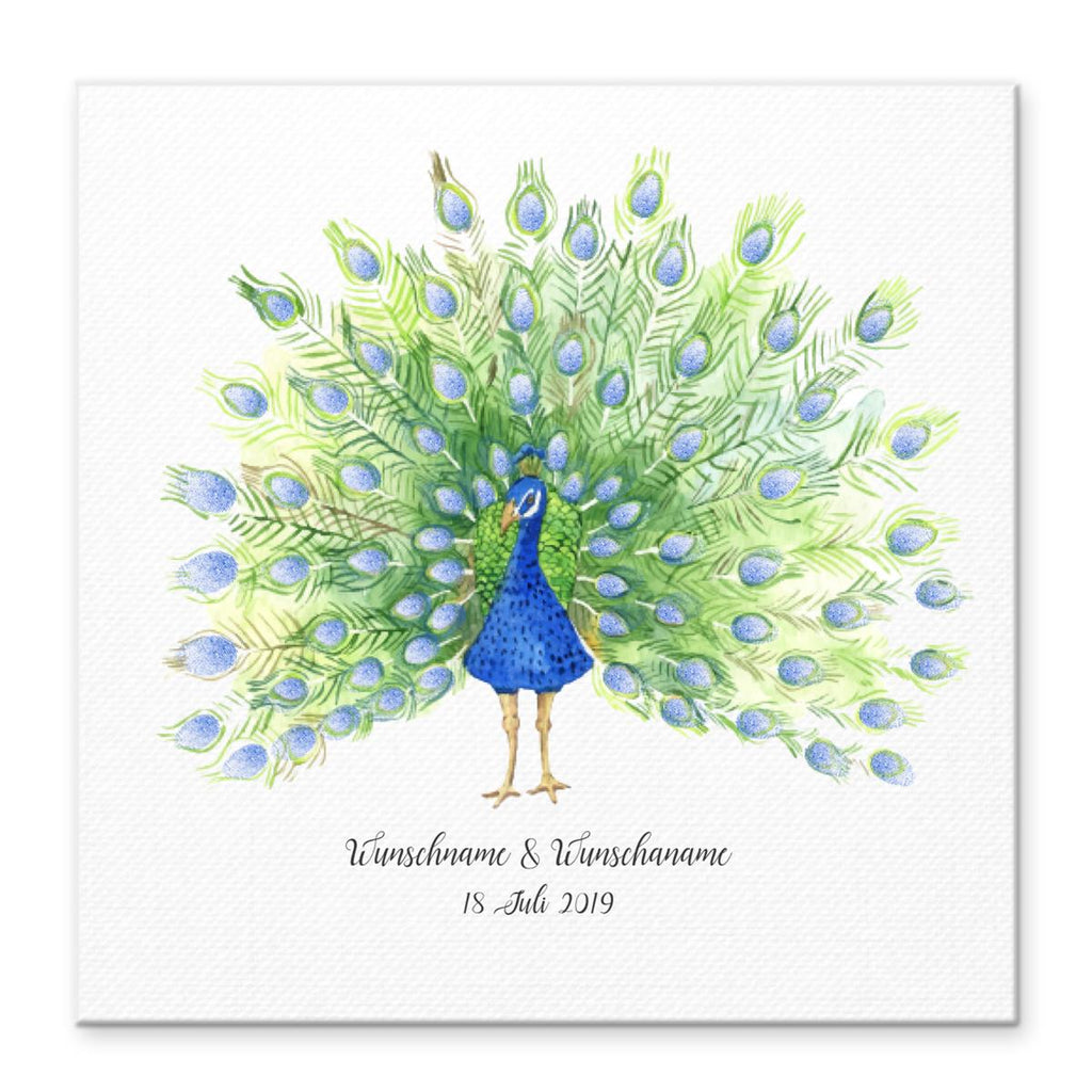 Personalisiertes Hochzeits-Gästebuch Leinwand 50x50 cm - Motiv Pfau Federn - MADYES - Hochzeitsdeko Manufaktur