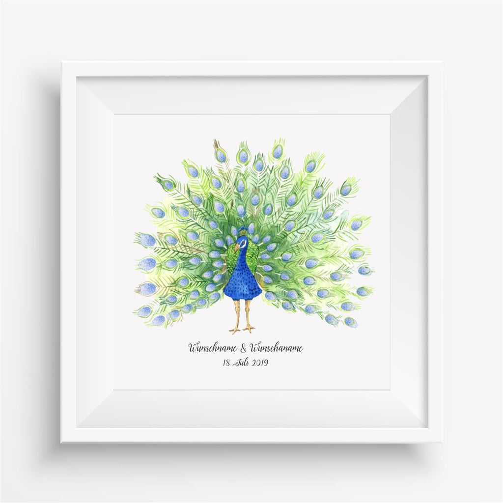 Personalisiertes Hochzeits-Gästebuch Leinwand 50x50 cm - Motiv Pfau Federn - MADYES - Hochzeitsdeko Manufaktur