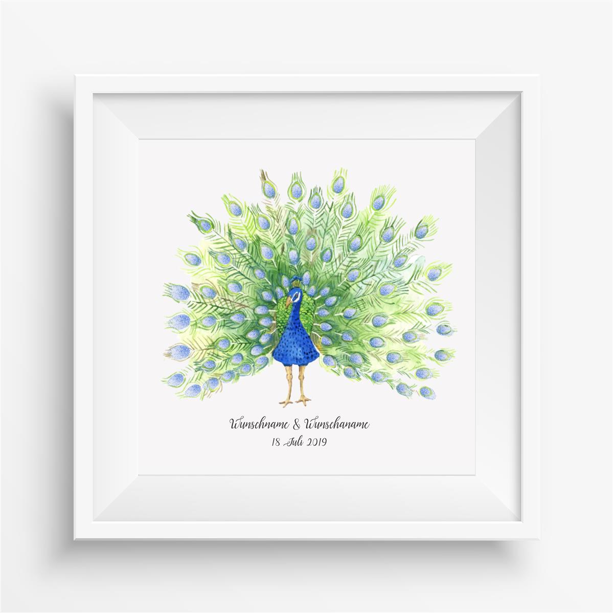 Personalisiertes Hochzeits-Gästebuch Leinwand 50x50 cm - Motiv Pfau Federn - MADYES - Hochzeitsdeko Manufaktur