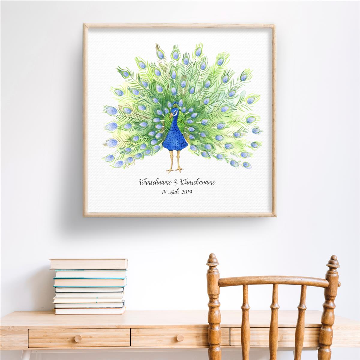 Personalisiertes Hochzeits-Gästebuch Leinwand 50x50 cm - Motiv Pfau Federn - MADYES - Hochzeitsdeko Manufaktur