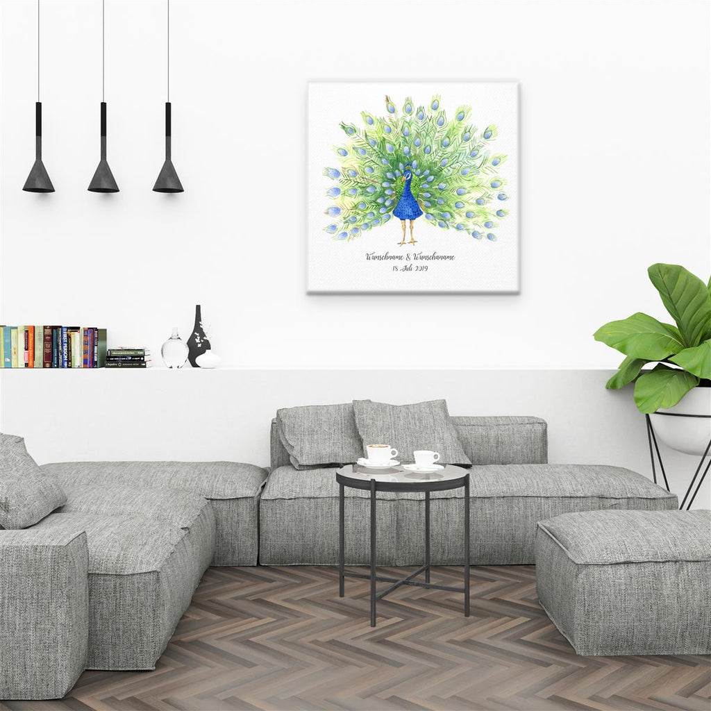 Personalisiertes Hochzeits-Gästebuch Leinwand 50x50 cm - Motiv Pfau Federn - MADYES - Hochzeitsdeko Manufaktur