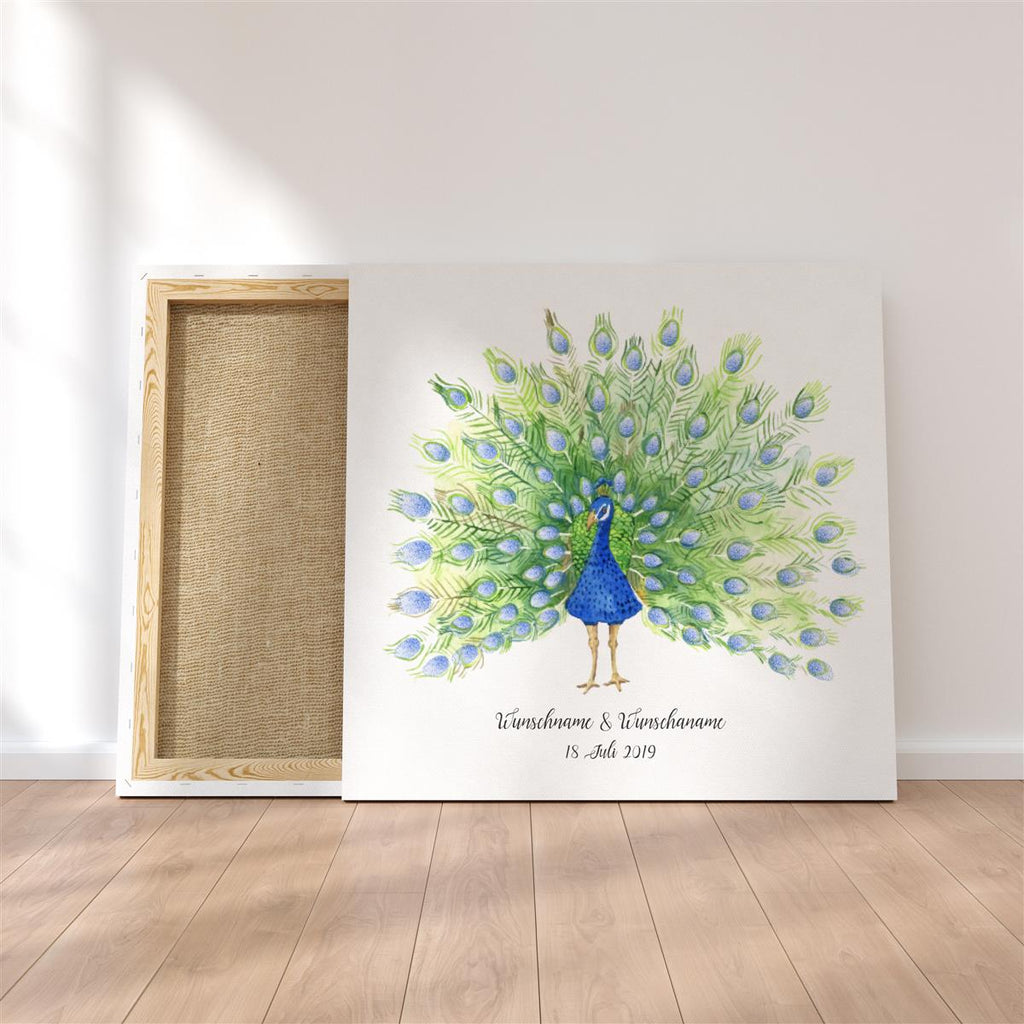 Personalisiertes Hochzeits-Gästebuch Leinwand 50x50 cm - Motiv Pfau Federn - MADYES - Hochzeitsdeko Manufaktur