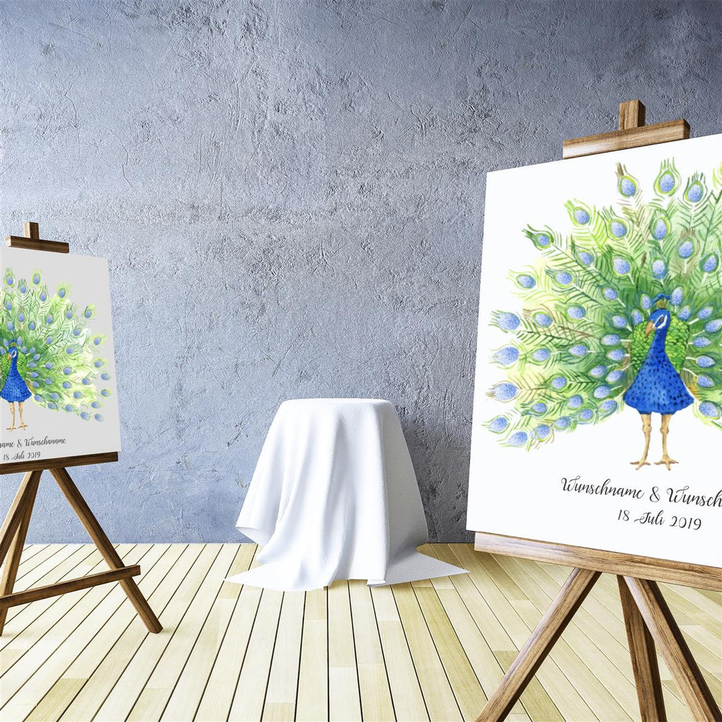 Personalisiertes Hochzeits-Gästebuch Leinwand 50x50 cm - Motiv Pfau Federn - MADYES - Hochzeitsdeko Manufaktur