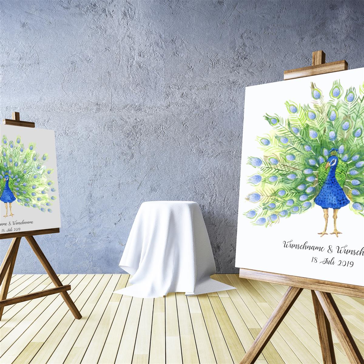 Personalisiertes Hochzeits-Gästebuch Leinwand 50x50 cm - Motiv Pfau Federn - MADYES - Hochzeitsdeko Manufaktur