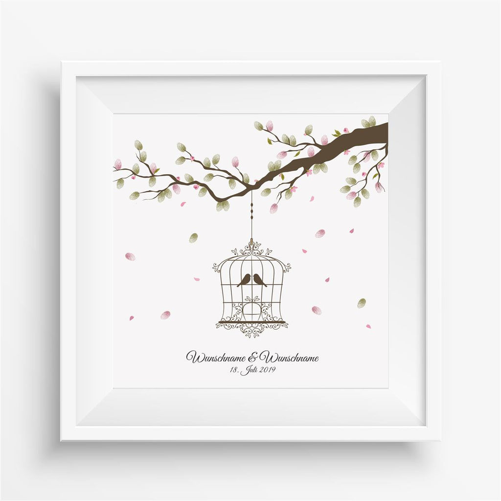 Personalisiertes Hochzeits-Gästebuch Leinwand 50x50 cm - Motiv Vogelkäfig - MADYES - Hochzeitsdeko Manufaktur