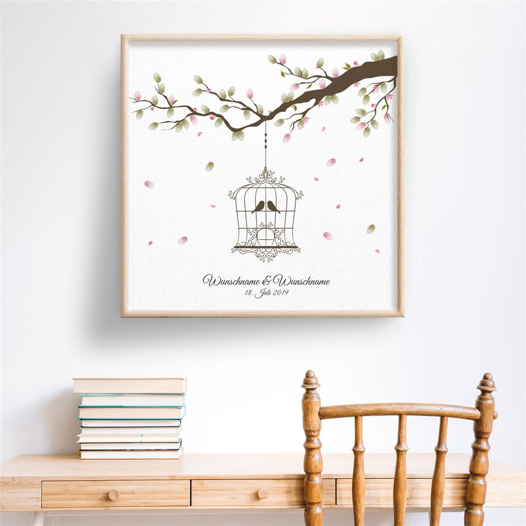 Personalisiertes Hochzeits-Gästebuch Leinwand 50x50 cm - Motiv Vogelkäfig - MADYES - Hochzeitsdeko Manufaktur