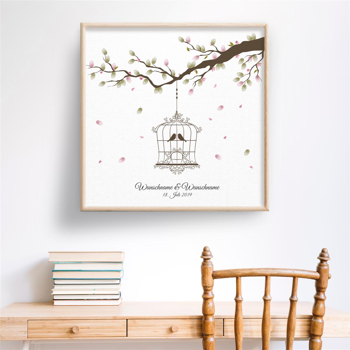 Personalisiertes Hochzeits-Gästebuch Leinwand 50x50 cm - Motiv Vogelkäfig - MADYES - Hochzeitsdeko Manufaktur