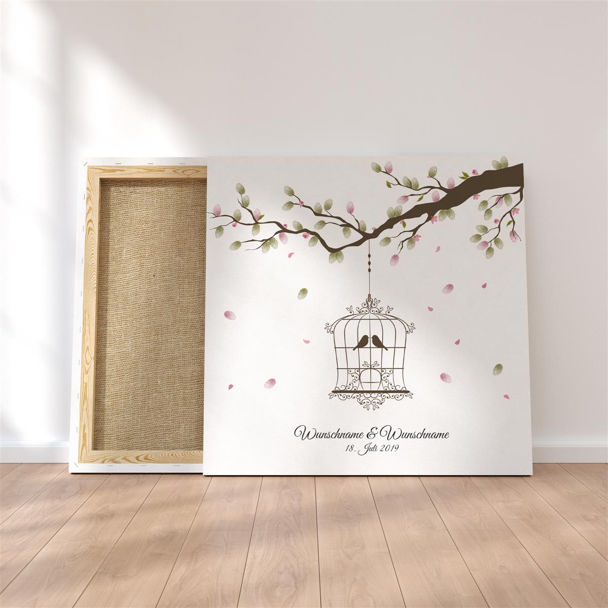 Personalisiertes Hochzeits-Gästebuch Leinwand 50x50 cm - Motiv Vogelkäfig - MADYES - Hochzeitsdeko Manufaktur