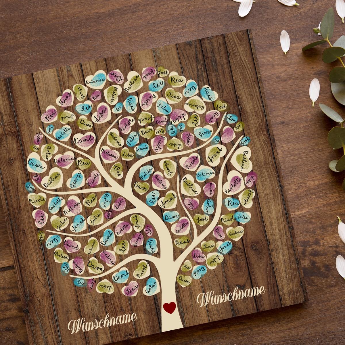 Personalisiertes Gästebuch zur Hochzeit auf Leinwand 50x50 cm – Wooden Tree