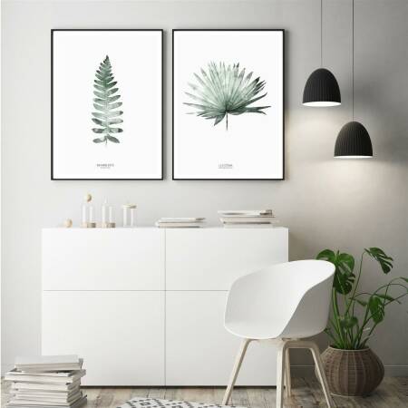 Set von 2 botanischen Kunstdrucken Farnblatt zusammen mit Palmenblatt. Kunstdrucke A4 (21 x 29,7 cm)