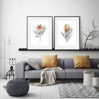 Set von 2 Protea Blüten Kunstdrucken botanische Kunstdrucke orange Blumen Wandkunst A5 (14,8 x 21 cm)