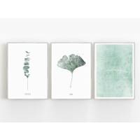 Set von 3 botanischen Kunstdrucken moderne Blätter Eukalyptus und Gingko Drucke A1 (59,4 x 84,1 cm)