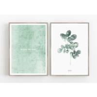 Set von 2 mintfarbenen Kunstdrucken Botanischer Moringa Blätter "Enjoy the litttle things" A2 (42 x 59,4 cm)