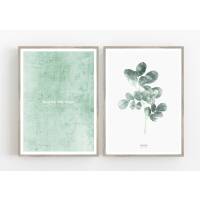 Set von 2 mintfarbenen Kunstdrucken Botanischer Moringa Blätter "Enjoy the litttle things" 30 x 40 cm