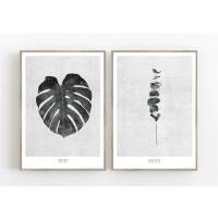 Set von 2 schwarz-weissen botanischen Kunstdrucken Schwarzer Eukalyptus 2g Monstera Blatt. A5 (14,8 x 21 cm)