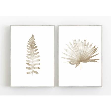 Set von 2 botanischen Kunstdrucken Farnblatt zusammen mit Palmenblatt Beige Kunstdrucke A5 (14,8 x 21 cm)