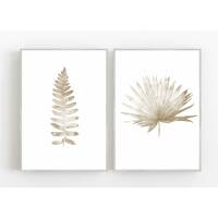 Set von 2 botanischen Kunstdrucken Farnblatt zusammen mit Palmenblatt Beige Kunstdrucke A4 (21 x 29,7 cm)