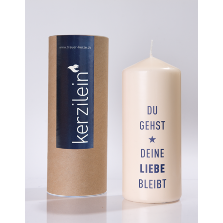 Kerzilein Kerze Flamme dunkelblau DU GEHST DEINE LIEBE BLEIBT Stumpenkerze groß 185 x 78 cm