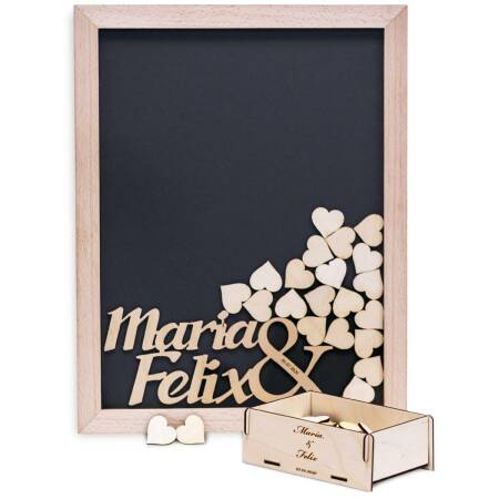Guestbook frame wedding 100 hearts wood personalized with name