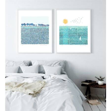 Set von 2 Kunstdrucken abstrakter Landschaft Druck Aquarell Blaue Wiese Sonne und Meer