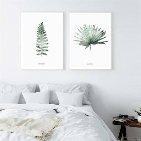Set von 2 botanischen Kunstdrucken Farnblatt zusammen mit Palmenblatt. Kunstdrucke