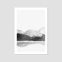 Aquarell Bergsee Kunstdruck in schwarz-weiss nebliger Wald und See Poster