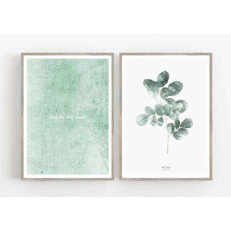 Set von 2 mintfarbenen Kunstdrucken Botanischer Moringa Blätter "Enjoy the litttle things"