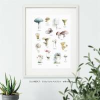 Aquarell Pilze Poster Druck Botanischer Kunstdruck Waldposter DIN A4 (21 x 29,7 cm)