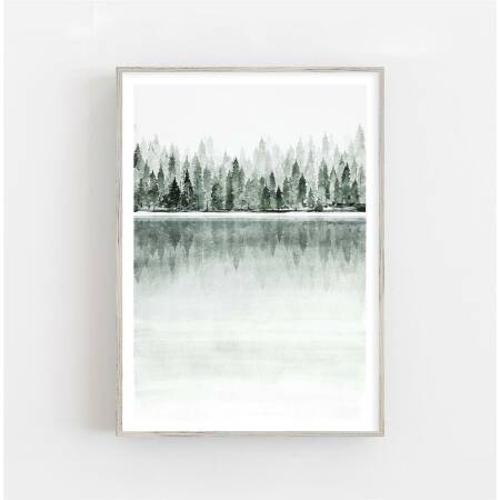 Aquarell See Wald Kunstdruck nebliger Wald und See  DIN A2 (42 x 59,4 cm)