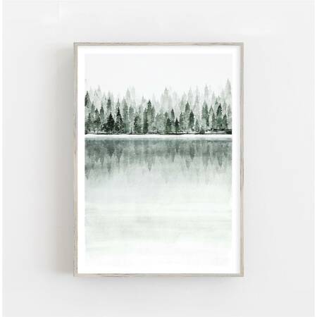 Aquarell See Wald Kunstdruck nebliger Wald und See  30 x 40 cm