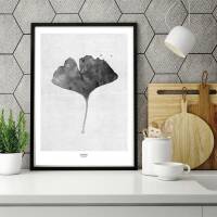 Gingko Biloba Blatt in Schwarz-Weiss Kunstdruck Büro Wandkunst moderner Wohnzimmer Kunstdruck DIN A5 (14,8 x 21 cm)