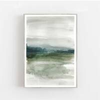 Aquarell abstrakte neblige Landschaft moderner grüner Aquarell Kunstdruck  DIN A4 (21 x 29,7 cm)