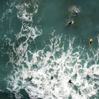 Surfer in Wasser Levanto Italien Drohne Fotografie Druck Luftaufnahme Druck DIN A3 (29,7 x 42 cm)