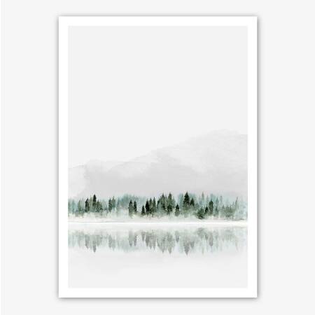 Modern watercolor foggy forest print printable winter lake print scandinavian wall art printable art DIN A5 (14,8 x 21 cm)