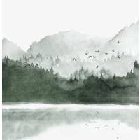 Aquarell Bergsee Kunstdruck nebliger Wald und See Poster  DIN A5 (14,8 x 21 cm)