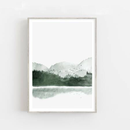 Aquarell Bergsee Kunstdruck nebliger Wald und See Poster  DIN A3 (29,7 x 42 cm)