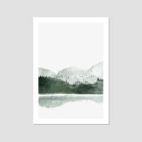 Aquarell Bergsee Kunstdruck nebliger Wald und See Poster  DIN A2 (42 x 59,4 cm)