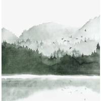 Aquarell Bergsee Kunstdruck nebliger Wald und See Poster  DIN A2 (42 x 59,4 cm)